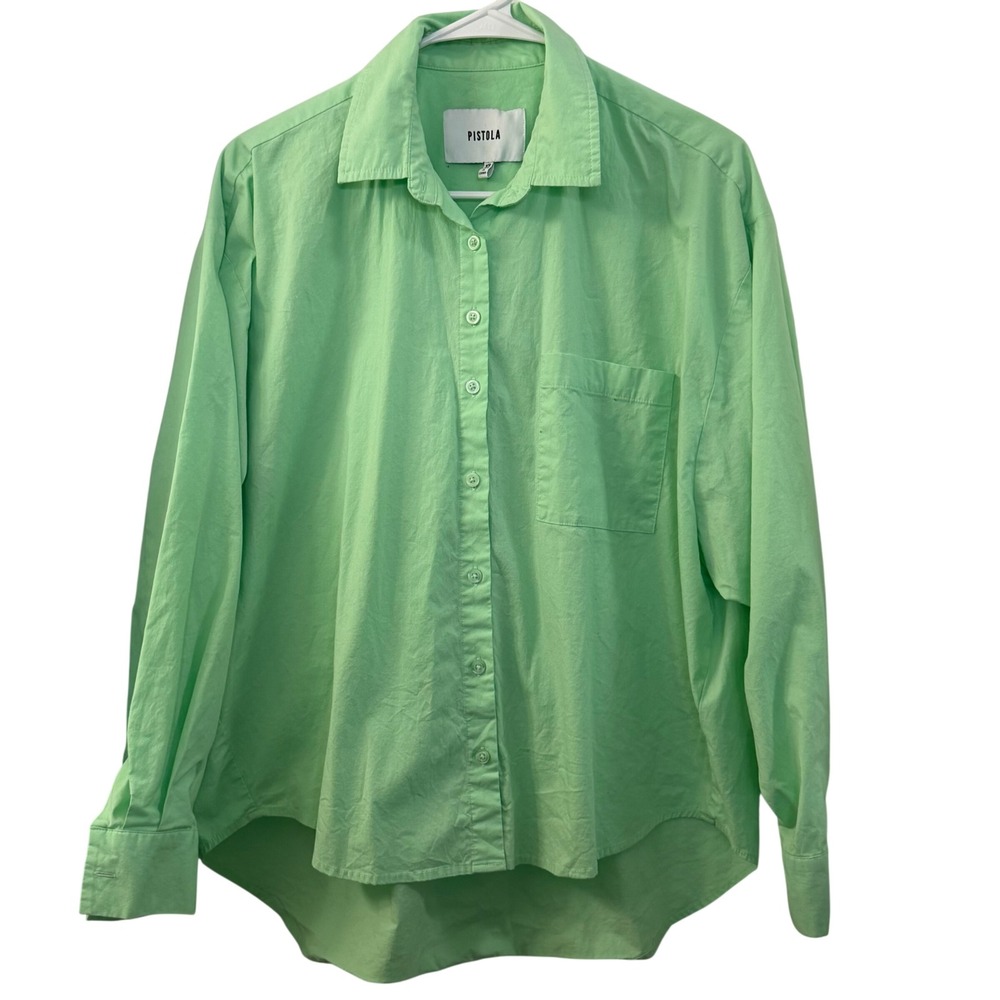 PISTOLA Oversized Button Down Shirt Green Cotton Spandex XS Minimalist Boxy